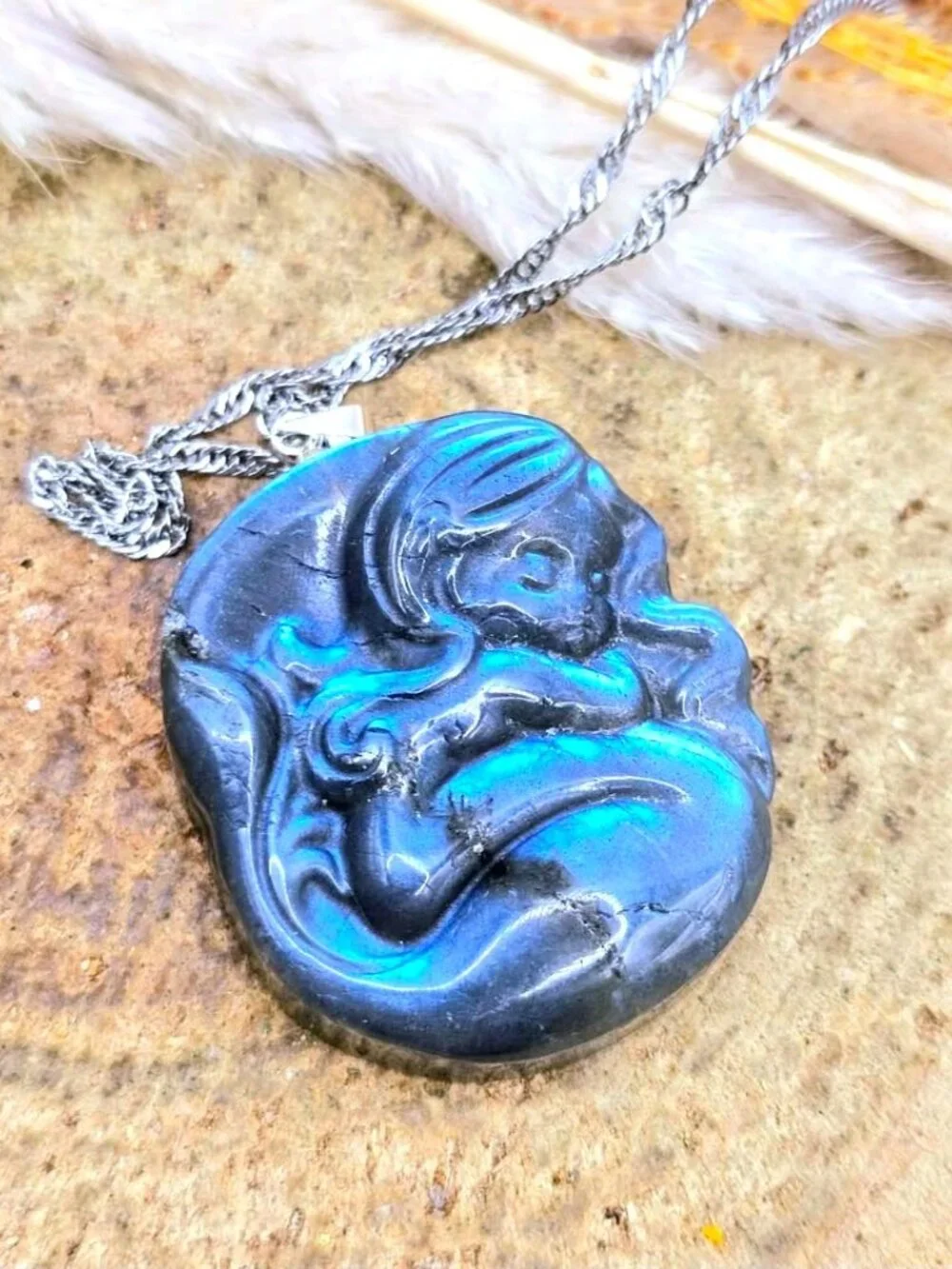 Natural Labradorite Carved Sleeping Mermaid Pendant Necklace